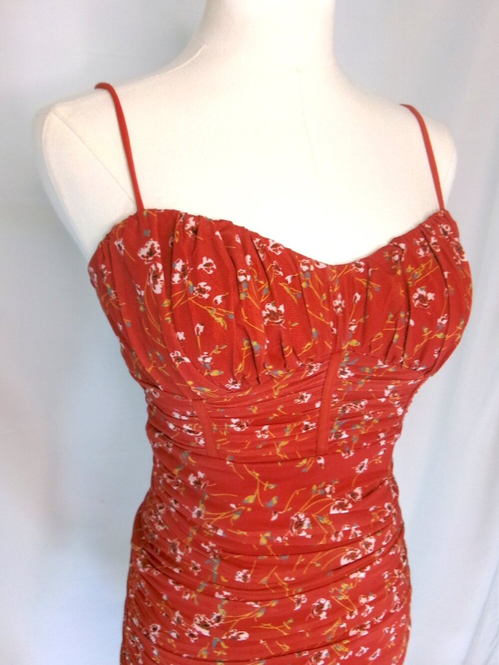 Hello Molly Red Floral Ruched Maxi Dress Small Bustier Mesh Bodycon Sundress
